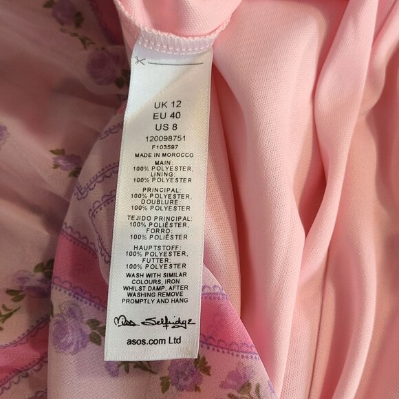 Miss Selfridge Chiffon Shirred Waist Midi Dress Pink Patchwork Cottage Feminine - Picture 8 of 9